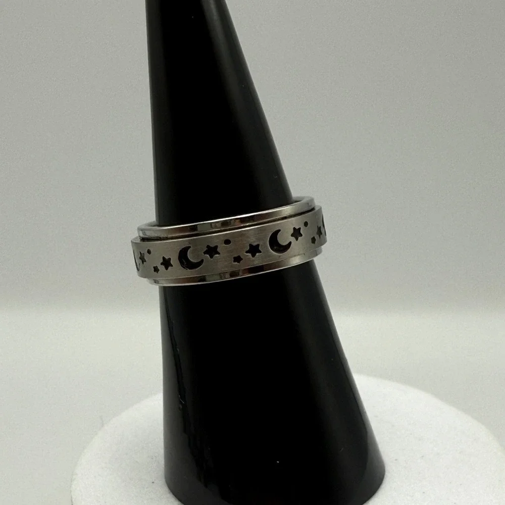 Celestial Moon and Stars Spinner Fidget Ring Silver Tone Stainless Steel Size 6